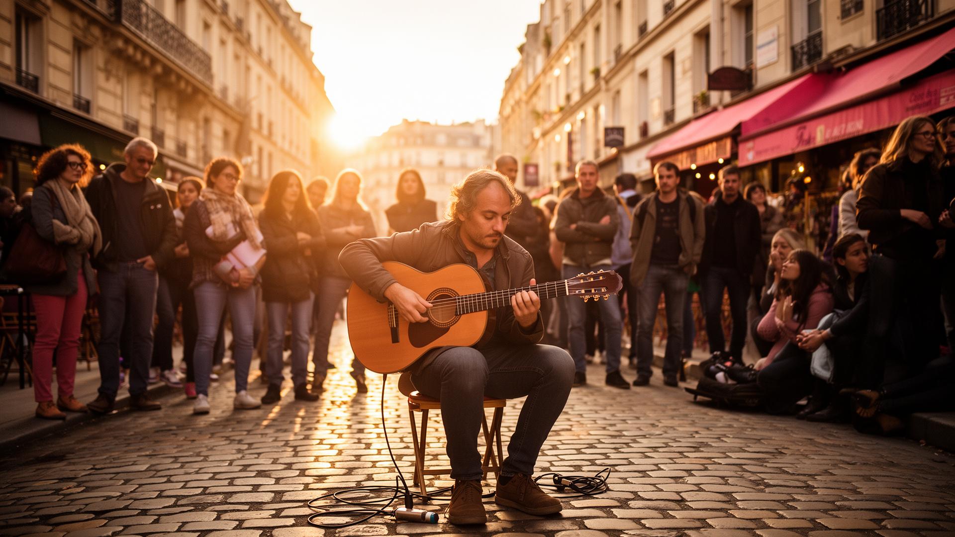 Un musicien de rue au coucher du soleil dans Paris